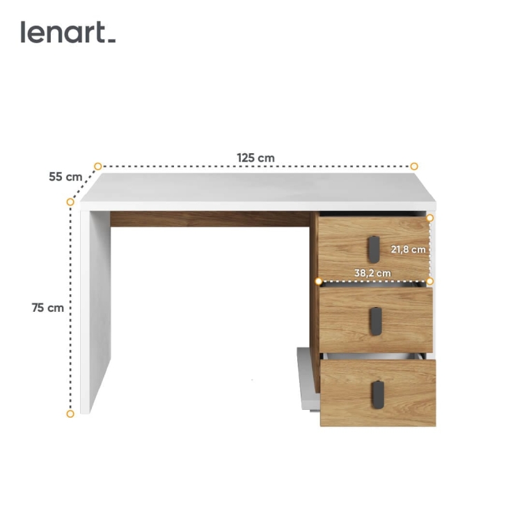 Białe biurko Simi w stylu nowoczesnym z naturalnym wykończeniem drewnianym, trzema szufladami, ergonomiczny blat o szerokości 125 cm, idealne do pokoju dziecka i nastolatka.