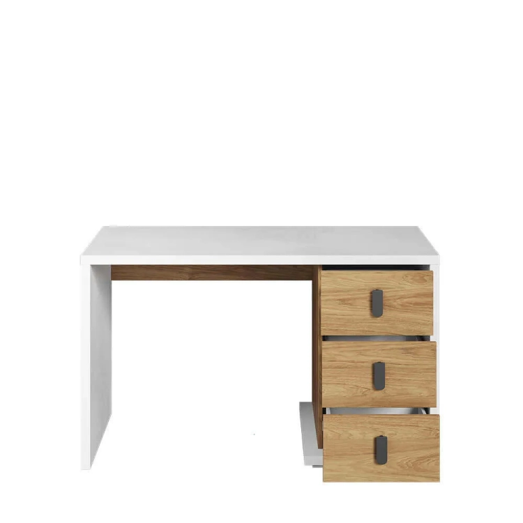 Białe biurko Simi w stylu nowoczesnym z naturalnym wykończeniem drewnianym, trzema szufladami, ergonomiczny blat o szerokości 125 cm, idealne do pokoju dziecka i nastolatka.