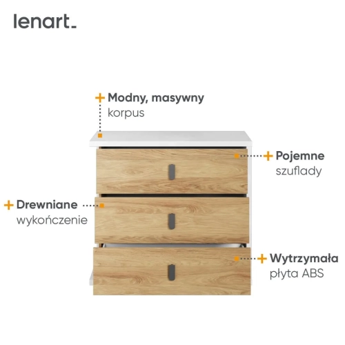 Mała komoda Simi 3-szufladowa w stylu nowoczesnym, w białym wykończeniu z naturalnym dekorem drewna hikora, idealna do przechowywania w pokoju młodzieżowym, sypialni lub przedpokoju.