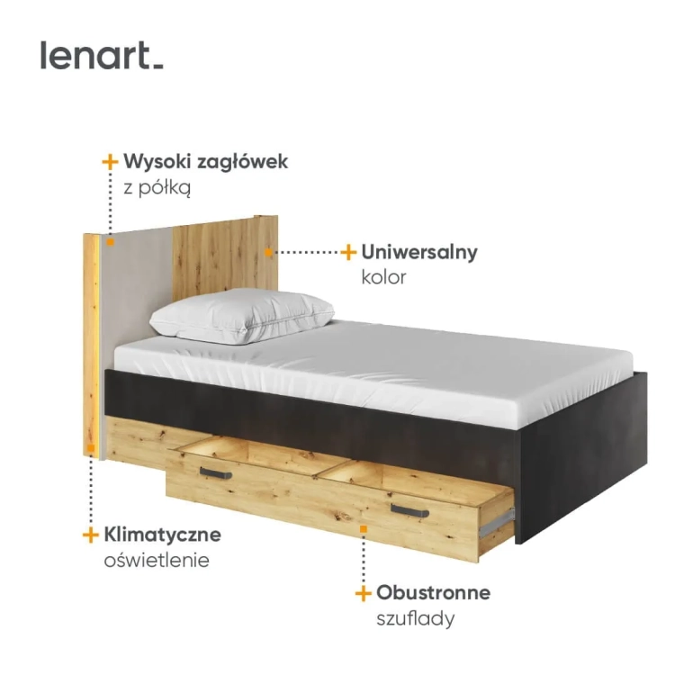 Łóżko młodzieżowe Qubic QB-11 w kolorze dąb artisan z szarością, z zagłówkiem z półką, otworami na kable i dwiema szufladami pod materacem 90x200 cm – idealne dla chłopca.