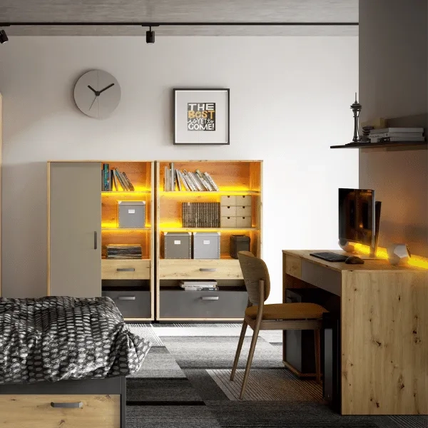 Regał szeroki Qubic QB-06 z 3 półkami, 2 szufladami i oświetleniem LED, w kolorach dąb artisan, silk flou i surowa stal – idealny do pokoju młodzieżowego lub salonu.