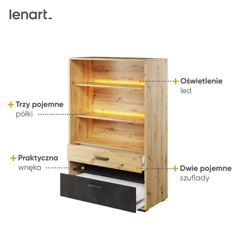 Regał szeroki Qubic QB-06 z 3 półkami, 2 szufladami i oświetleniem LED, w kolorach dąb artisan, silk flou i surowa stal – idealny do pokoju młodzieżowego lub salonu.