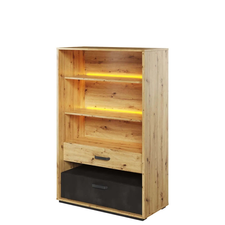 Regał szeroki Qubic QB-06 z 3 półkami, 2 szufladami i oświetleniem LED, w kolorach dąb artisan, silk flou i surowa stal – idealny do pokoju młodzieżowego lub salonu.
