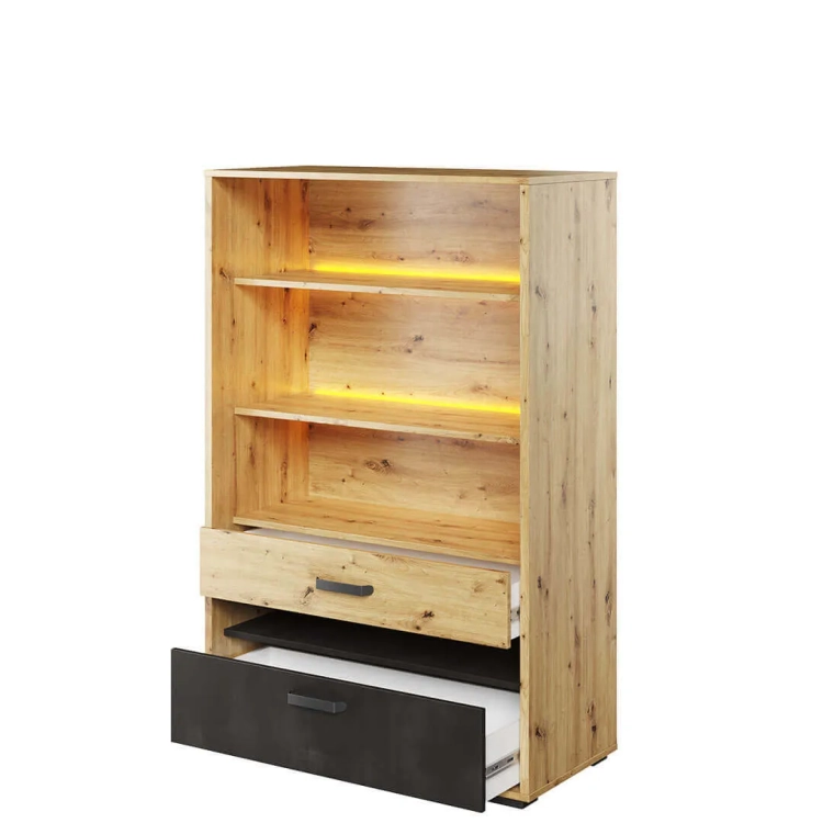 Regał szeroki Qubic QB-06 z 3 półkami, 2 szufladami i oświetleniem LED, w kolorach dąb artisan, silk flou i surowa stal – idealny do pokoju młodzieżowego lub salonu.