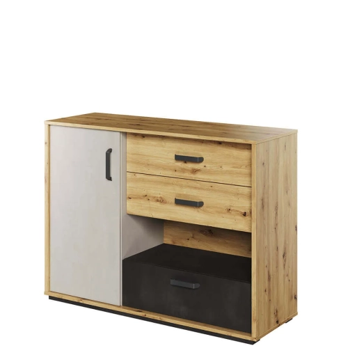 Komoda Qubic QB-07 z 3 szufladami, szafką i wnęką, w kolorach dąb artisan, silk flou i surowa stal – nowoczesny mebel do pokoju młodzieżowego lub salonu.
