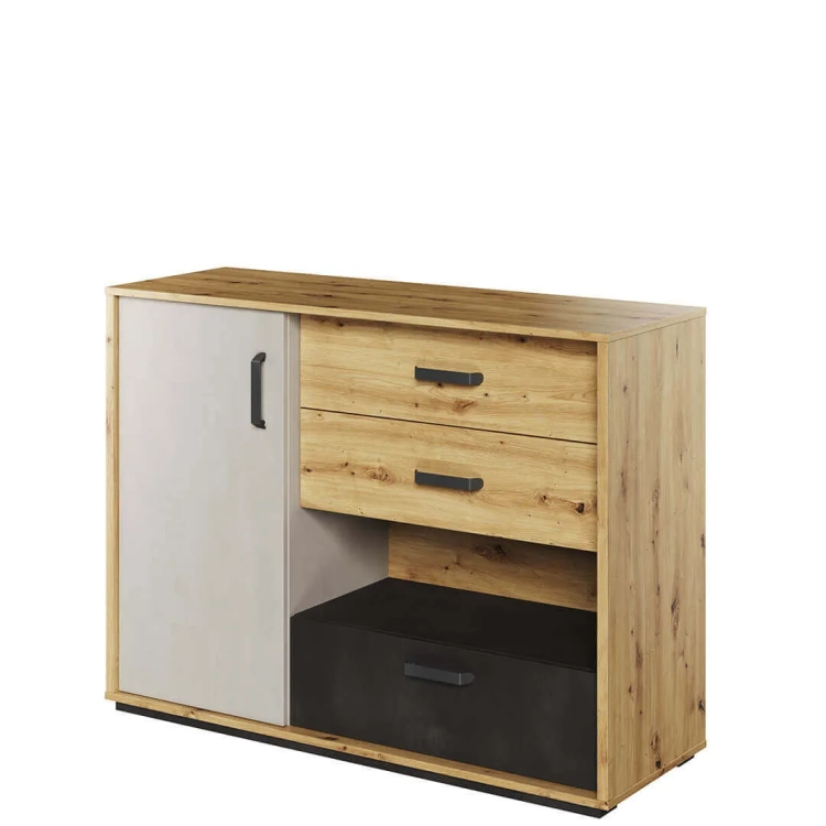 Komoda Qubic QB-07 z 3 szufladami, szafką i wnęką, w kolorach dąb artisan, silk flou i surowa stal – nowoczesny mebel do pokoju młodzieżowego lub salonu.