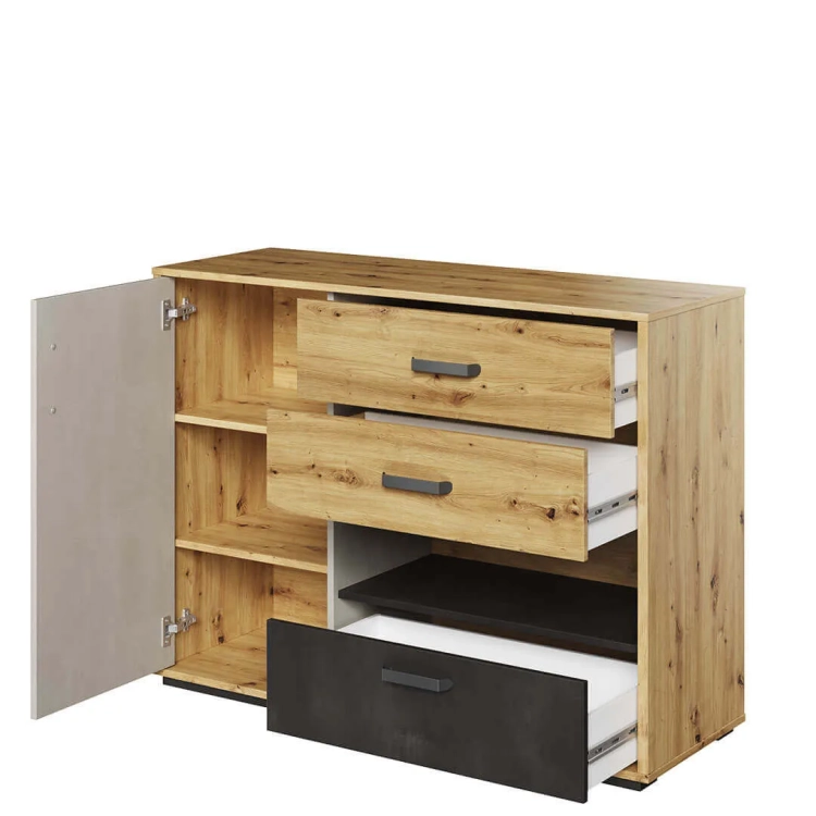 Komoda Qubic QB-07 z 3 szufladami, szafką i wnęką, w kolorach dąb artisan, silk flou i surowa stal – nowoczesny mebel do pokoju młodzieżowego lub salonu.