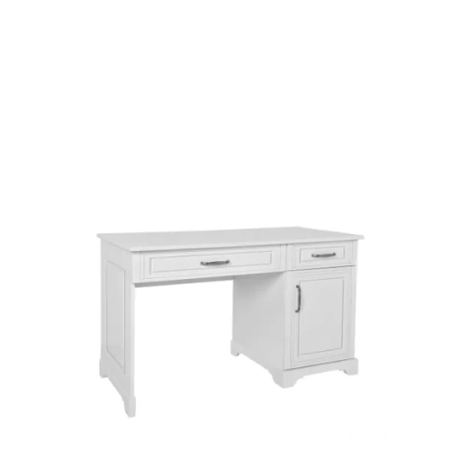 Białe biurko Melody z frezowanymi frontami, 2 szufladami i pojemną szafką – elegancki mebel do pokoju dziewczynki lub nastolatki.