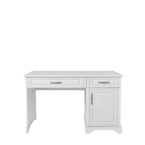 Białe biurko Melody z frezowanymi frontami, 2 szufladami i pojemną szafką – elegancki mebel do pokoju dziewczynki lub nastolatki.