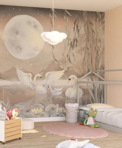 tapeta syrena mural beżowa, tapeta z łabędziami i syreną, tapeta jezioro z syreną, mural baśniowy syrena i łabędzie, tapeta do pokoju dziewczynki z syreną