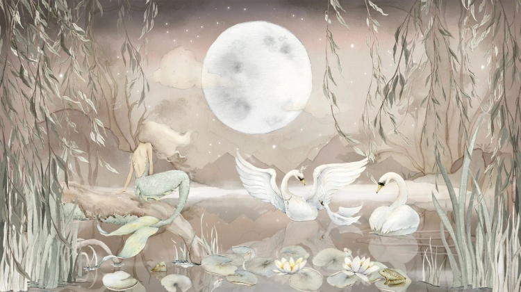 tapeta syrena mural beżowa, tapeta z łabędziami i syreną, tapeta jezioro z syreną, mural baśniowy syrena i łabędzie, tapeta do pokoju dziewczynki z syreną