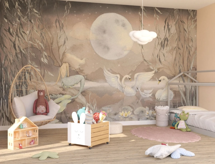 tapeta syrena mural beżowa, tapeta z łabędziami i syreną, tapeta jezioro z syreną, mural baśniowy syrena i łabędzie, tapeta do pokoju dziewczynki z syreną