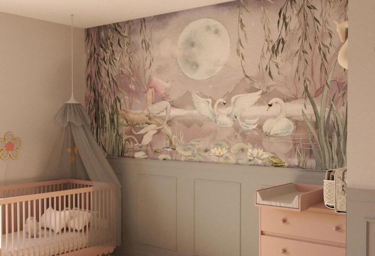 tapeta syrena mural różowa, tapeta z łabędziami i syreną, tapeta jezioro z syreną, mural baśniowy syrena i łabędzie, tapeta do pokoju dziewczynki pudrowy róż