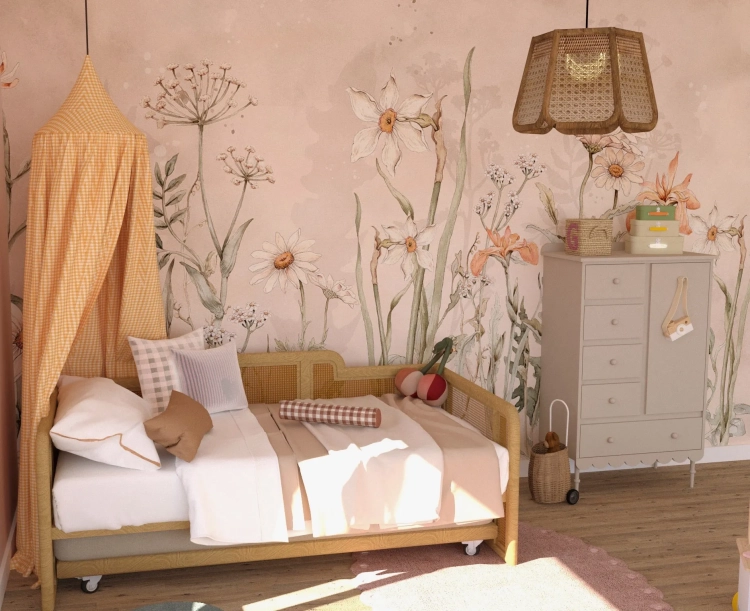 tapeta polne kwiaty kremowo-beżowa, mural minimalistyczny w kwiaty, tapeta vintage delikatna, tapeta do sypialni retro, tapeta pastelowa w kwiaty