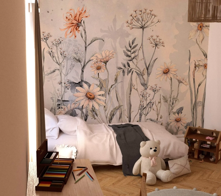 tapeta polne kwiaty zgaszona biała, mural minimalistyczny w kwiaty, tapeta vintage delikatna, tapeta do sypialni retro, tapeta pastelowa w kwiaty