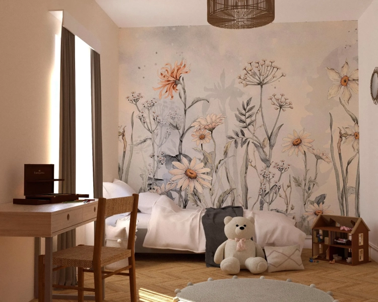 tapeta polne kwiaty zgaszona biała, mural minimalistyczny w kwiaty, tapeta vintage delikatna, tapeta do sypialni retro, tapeta pastelowa w kwiaty