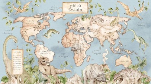 tapeta mapa świata dinozaury niebieska, mural edukacyjny z dinozaurami, tapeta geograficzna dla dzieci, tapeta prehistoryczna do pokoju dziecka, tapeta dinozaury vintage
