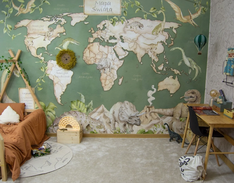 tapeta mapa świata dinozaury zielona, mural edukacyjny z dinozaurami, tapeta geograficzna dla dzieci, tapeta prehistoryczna do pokoju dziecka, tapeta dinozaury urban jungle