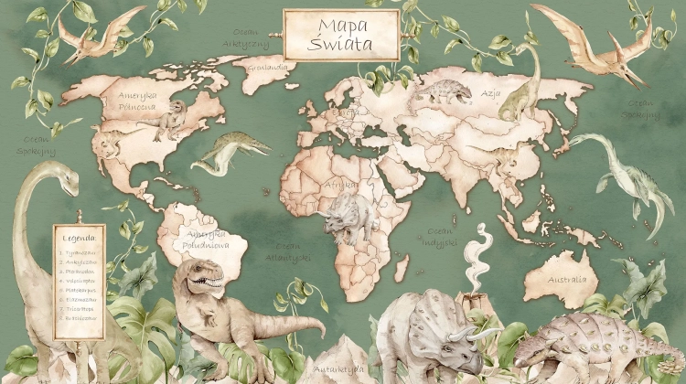 tapeta mapa świata dinozaury zielona, mural edukacyjny z dinozaurami, tapeta geograficzna dla dzieci, tapeta prehistoryczna do pokoju dziecka, tapeta dinozaury urban jungle