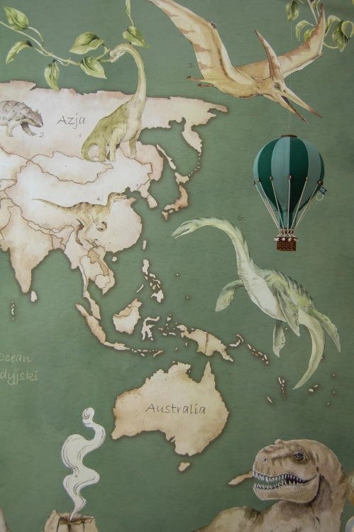 tapeta mapa świata dinozaury zielona, mural edukacyjny z dinozaurami, tapeta geograficzna dla dzieci, tapeta prehistoryczna do pokoju dziecka, tapeta dinozaury urban jungle