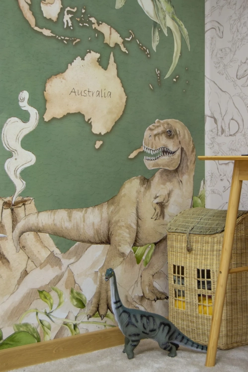 tapeta mapa świata dinozaury zielona, mural edukacyjny z dinozaurami, tapeta geograficzna dla dzieci, tapeta prehistoryczna do pokoju dziecka, tapeta dinozaury urban jungle
