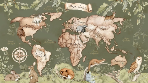 tapeta mapa świata leśna zielona, mural edukacyjny z leśnymi zwierzętami, tapeta geograficzna dla dzieci, tapeta natura do pokoju dziecka, tapeta zwierzęta las