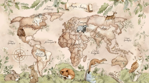 tapeta mapa świata leśna beżowa, mural edukacyjny z leśnymi zwierzętami, tapeta geograficzna dla dzieci, tapeta natura do pokoju dziecka, tapeta zwierzęta las