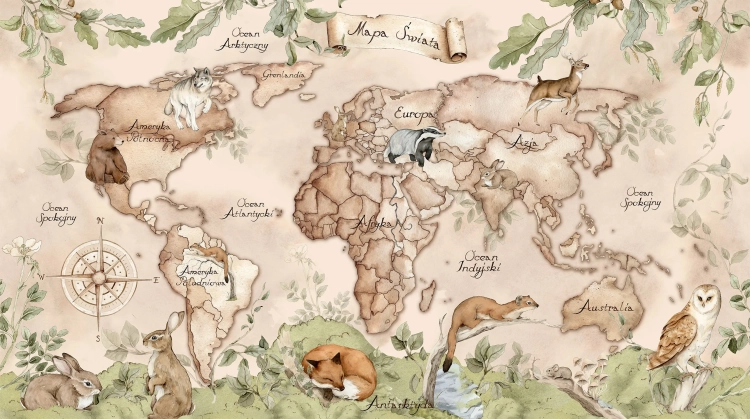 tapeta mapa świata leśna beżowa, mural edukacyjny z leśnymi zwierzętami, tapeta geograficzna dla dzieci, tapeta natura do pokoju dziecka, tapeta zwierzęta las