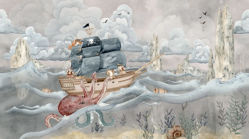 tapeta pirate story beżowa, mural statek piracki, tapeta marynistyczna dla dzieci, tapeta piraci na morzu, tapeta pokój przygodowy
