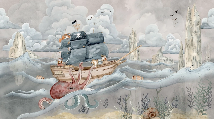 tapeta pirate story beżowa, mural statek piracki, tapeta marynistyczna dla dzieci, tapeta piraci na morzu, tapeta pokój przygodowy