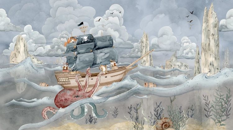 tapeta pirate story niebieska, mural statek piracki, tapeta marynistyczna dla dzieci, tapeta piraci na oceanie, tapeta pokój przygodowy