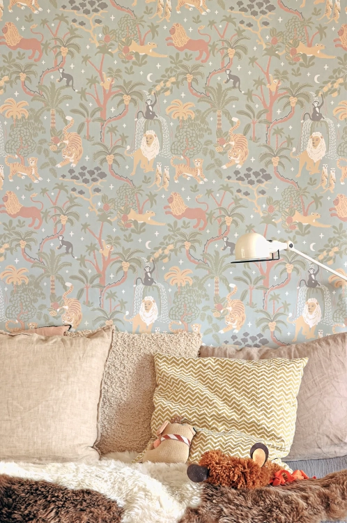 tapeta jungle glow tropical blue mural, mural świecący w ciemności, tapeta niebieska z gwiazdkami, tapeta skandynawska dla dzieci, tapeta dżungla świecąca w nocy