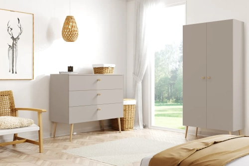 komoda kaszmir harmony, komoda boho beżowa, komoda w stylu skandynawskim, komoda z drewnianymi nóżkami, beżowa komoda do sypialni, meble boho do sypialni