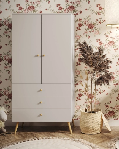 szafa kaszmir harmony, szafa boho beżowa, szafa skandynawska do sypialni, szafa minimalistyczna z drewnianymi nóżkami, szafa do pokoju dziecka beżowa, meble boho do sypialni
