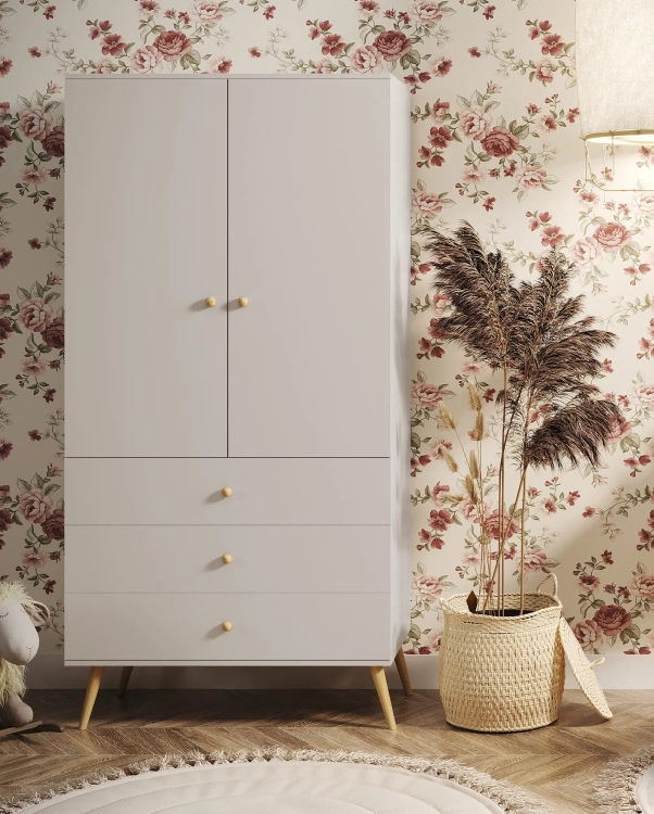 szafa kaszmir harmony, szafa boho beżowa, szafa skandynawska do sypialni, szafa minimalistyczna z drewnianymi nóżkami, szafa do pokoju dziecka beżowa, meble boho do sypialni