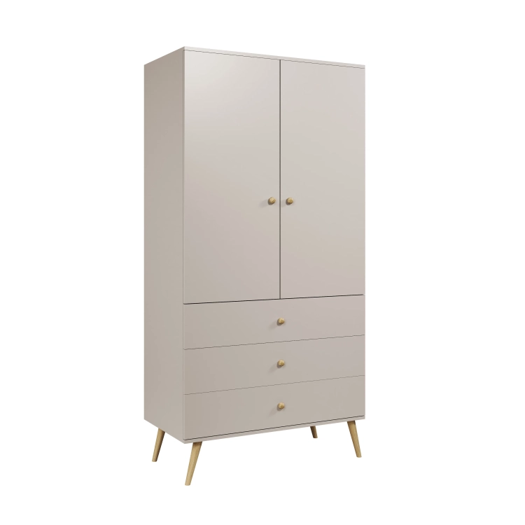 szafa kaszmir harmony, szafa boho beżowa, szafa skandynawska do sypialni, szafa minimalistyczna z drewnianymi nóżkami, szafa do pokoju dziecka beżowa, meble boho do sypialni