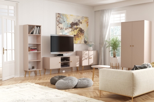 Szafa dwudrzwiowa kaszmirowa do pokoju nastolatka z drewnianymi nogami i jutowymi uchwytami, idealna do nowoczesnych i boho aranżacji