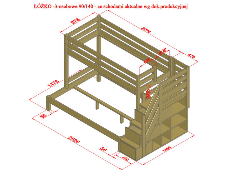 Wymiary łóżka piętrowego Trio Bunk Bed