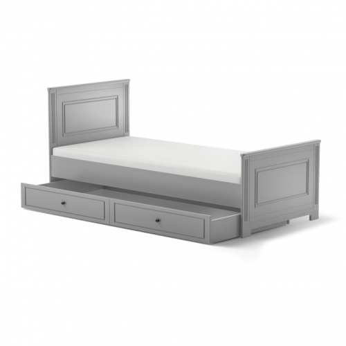 łóżko dziecięce Ines Neutral Grey 90x200 z szufladą, szare łóżko z pojemną szufladą Bellamy, klasyczne łóżko dla nastolatka w kolorze neutral grey