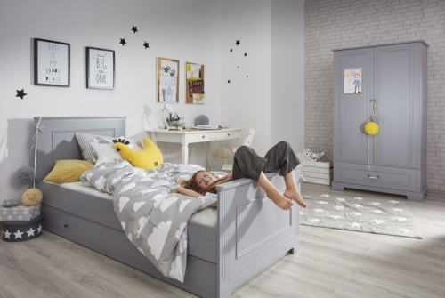 łóżko dziecięce Ines Neutral Grey 90x200 z szufladą, szare łóżko z pojemną szufladą Bellamy, klasyczne łóżko dla nastolatka w kolorze neutral grey
