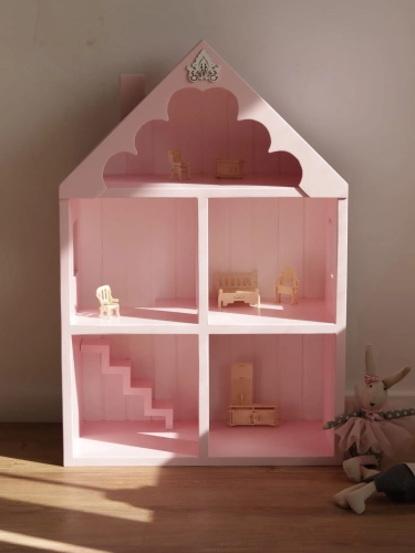 Domek drewniany baby pink dla lalek i myszek z białym frezowanym tyłem, ręcznie wykonany z drewna sosnowego, dekoracja w stylu retro do pokoju dziewczynki