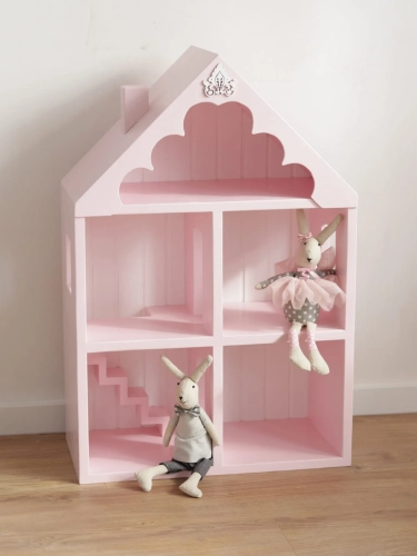 Domek drewniany baby pink dla lalek i myszek z białym frezowanym tyłem, ręcznie wykonany z drewna sosnowego, dekoracja w stylu retro do pokoju dziewczynki