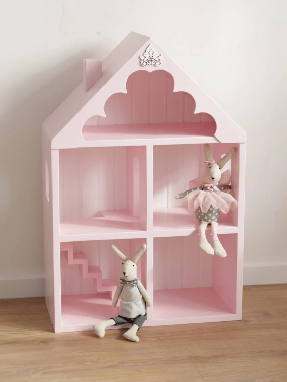 Domek drewniany baby pink dla lalek i myszek z białym frezowanym tyłem, ręcznie wykonany z drewna sosnowego, dekoracja w stylu retro do pokoju dziewczynki