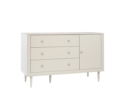 komoda dziecięca Petite Pinio 3 szuflady + 1 drzwi, kolor szampański, styl art déco, metalowe uchwyty zgaszone złoto, drewniane nóżki