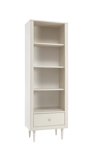 regał wysoki Pinio Petite w kolorze szampańskim, styl art déco, cztery półki, szuflada z cichym domykiem, uchwyt zgaszone złoto, wysokie nóżki
