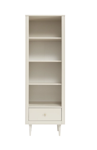 regał wysoki Pinio Petite w kolorze szampańskim, styl art déco, cztery półki, szuflada z cichym domykiem, uchwyt zgaszone złoto, wysokie nóżki