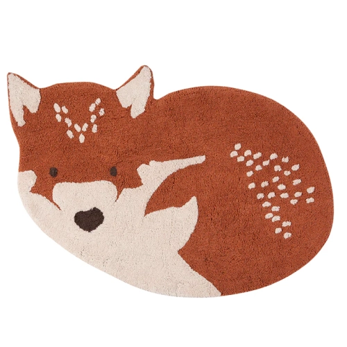 dywan dziecięcy Little Wolf Mały Wilczek, bawełniany, ręcznie tuftowany, w kolorze czerwonym i beżowym, z antypoślizgowym spodem, do pokoju chłopca lub dziewczynki