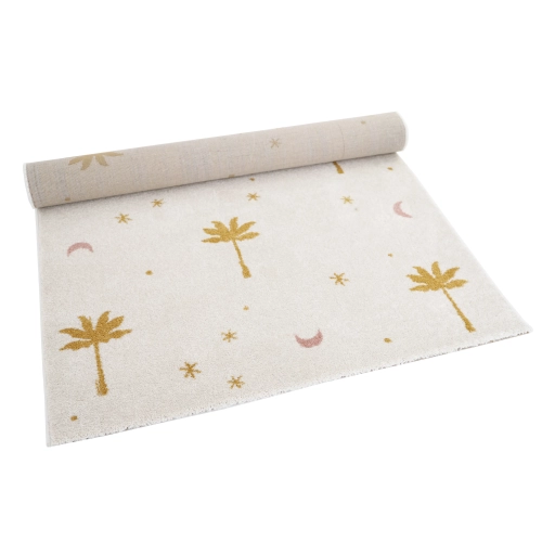 dywan dziecięcy prostokątny z motywem palm, kolor ecru z miodowym i pudrowym różem, rozmiar 120x170 cm, styl boho, do pokoju dziewczynki