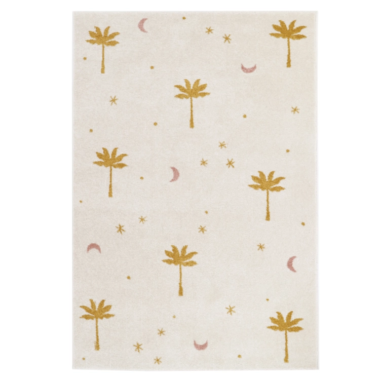 dywan dziecięcy prostokątny z motywem palm, kolor ecru z miodowym i pudrowym różem, rozmiar 120x170 cm, styl boho, do pokoju dziewczynki