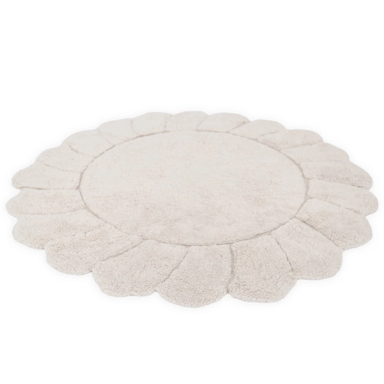 dywan dziecięcy Gabrielle okrągły 110 cm, 100% bawełna, naturalny écru, z wykończeniem w płatki, prany w pralce, certyfikat OEKO-TEX